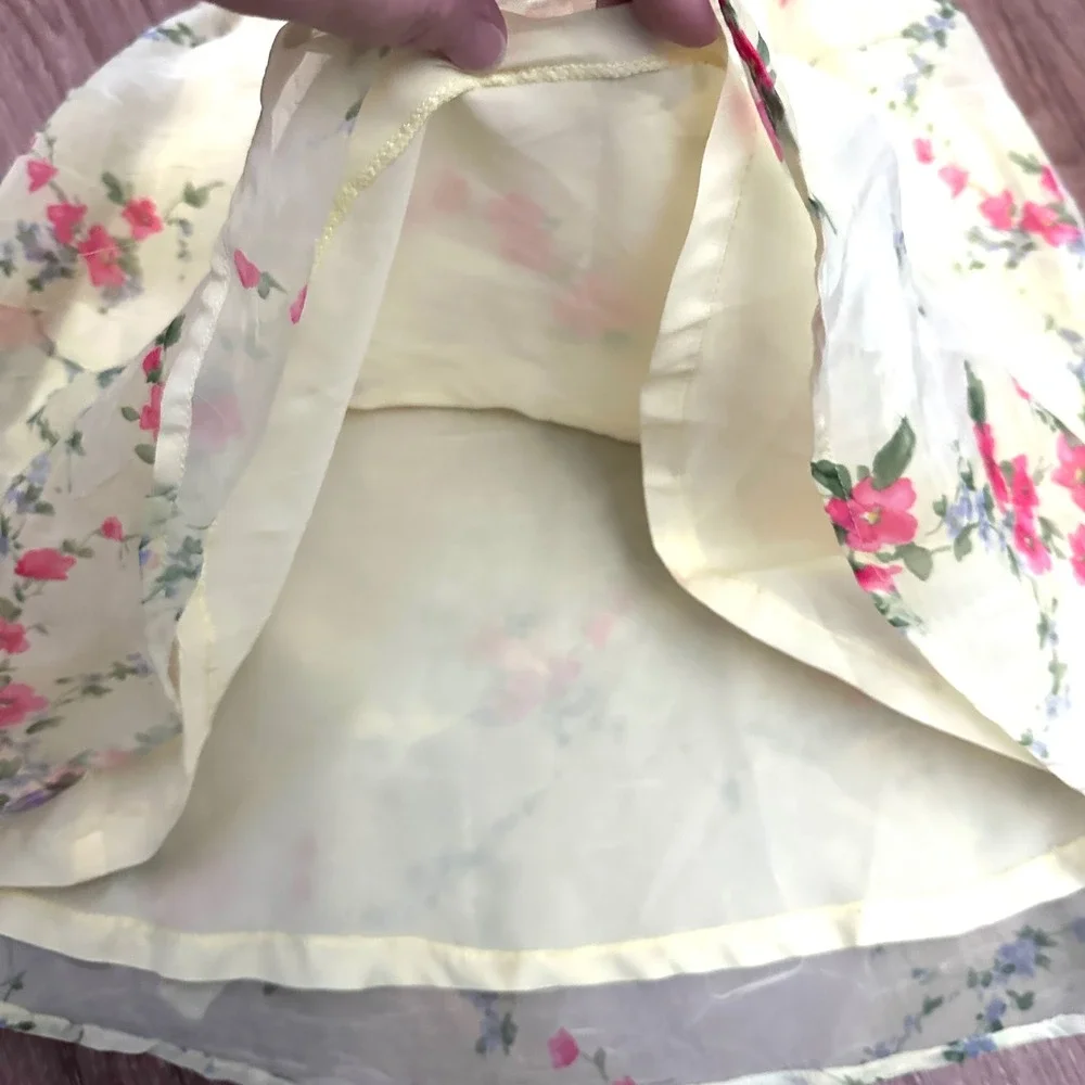 Little Lindsey 4T Vintage Floral Chiffon Dress Yellow Pink Rosettes ribbon